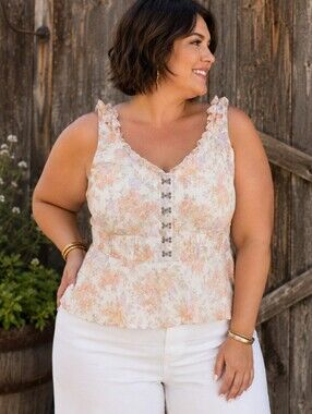Torrid Plus Size 2x: Floral V-Neck Peplum Grommet Tank Top